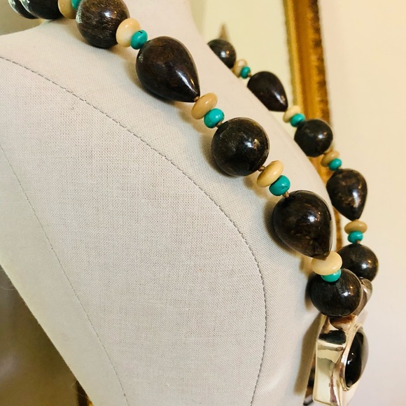 Vintage Simon Sebbag Designer Silver Turquoise Stone Necklace RARE - Picture 5 of 17